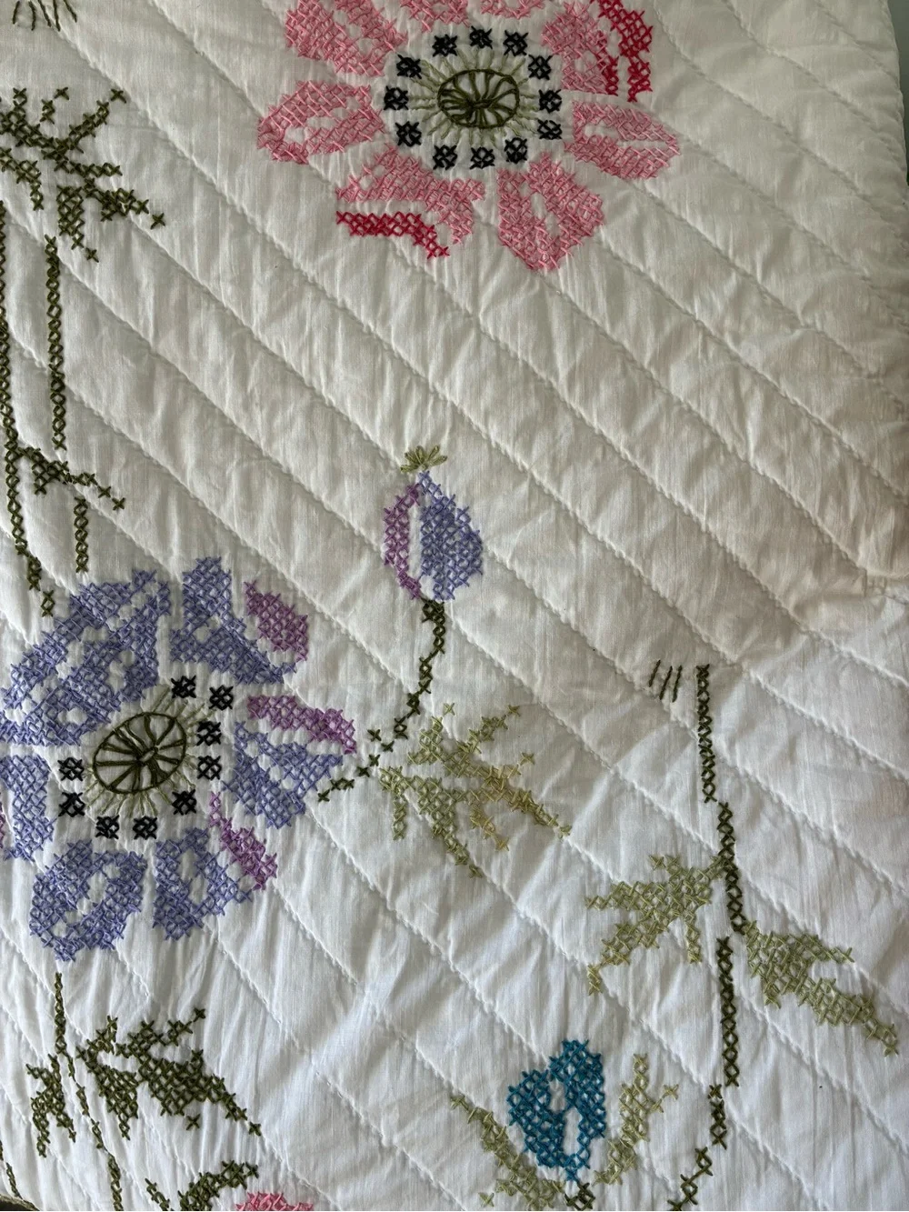 Vintage Hand Embroidered Cross Stitch Floral Quilt Size Twin